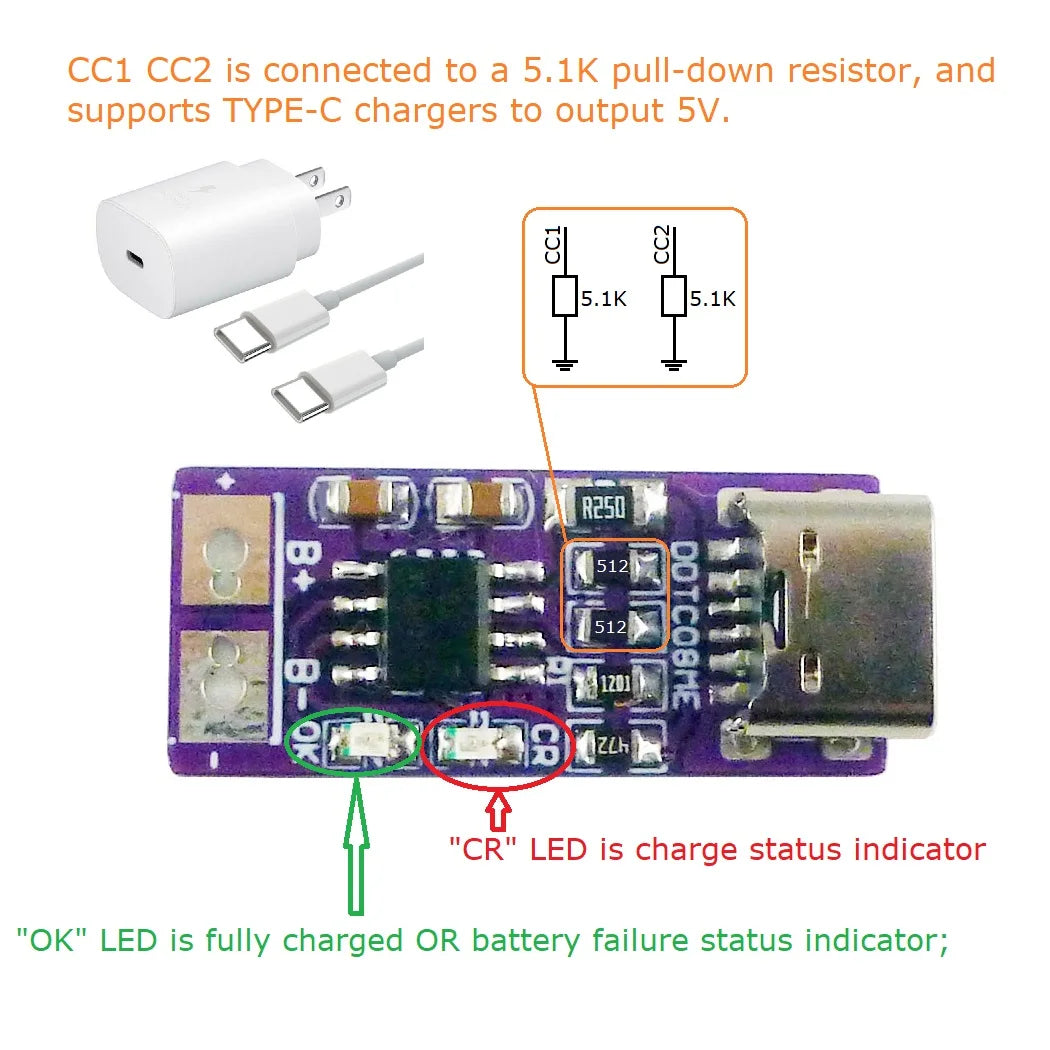DDTC08ME Ultra-Small Type-C Li-ion Li-Po Lithium Battery Charging Module PD QC FCP USB 18650 TP4056 1A Charger