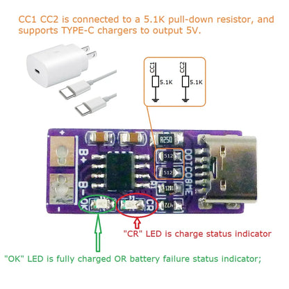DDTC08ME Ultra-Small Type-C Li-ion Li-Po Lithium Battery Charging Module PD QC FCP USB 18650 TP4056 1A Charger