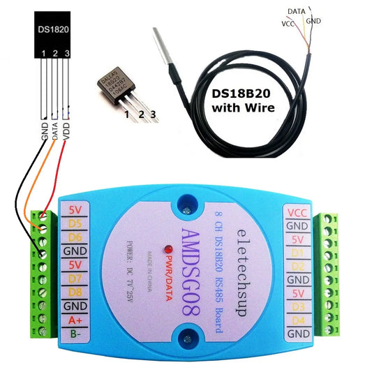 AMDSG08 8 DS18B20 temperature acquisition module / RS485 MODBUS RTU communication replace WP3066ADAM