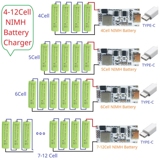 NITC16UB 2A/4A 4-12 Cell NIMH Charger Module TYPE-C DC 5V Boost BMS CC/CV NiCd for 4.8V 6V 7.2V 8.4V 9.6V 10.8V 12V 13.2V 14.4V Battery