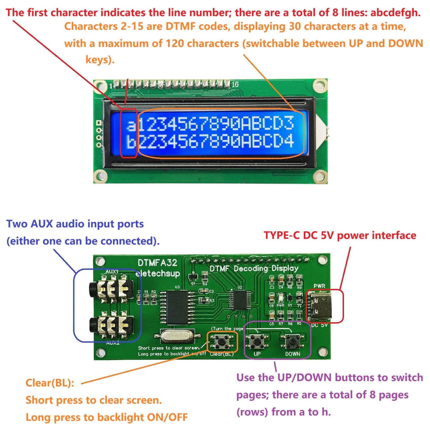 DTMFA32 120-Byte DTMF Decoder LCD Display Audio Decoding Module MT8870 Smart Home Controller Board for Phone Walkie-talkie