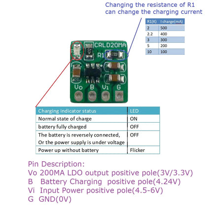 CRLD20MA Automatic Charging Discharging Module Dc 5V To 4.2V Battery Charger & Dc 3.7V 3.8V To 3.3V 3V Ldo Converter 18650 Li-Ion Li-Poly