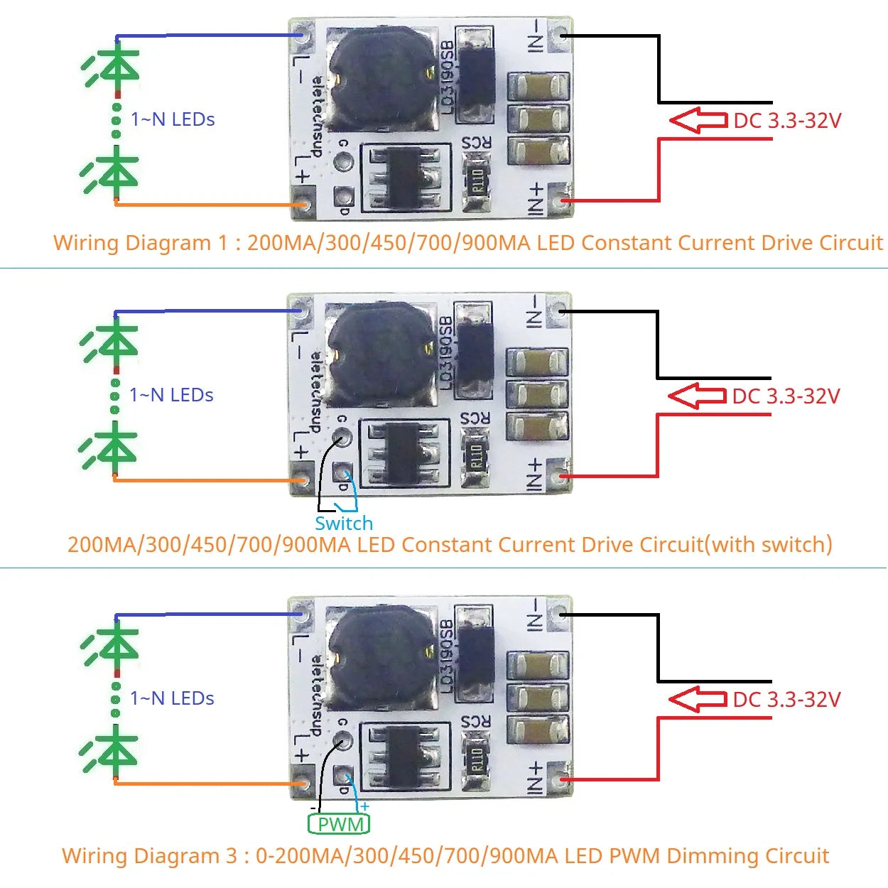 LD3190SB Multifunction DC-DC Buck Constant Current Driver DC 3.3-30V 200MA/300/450/700/900MA LED Dimmer PWM Controller Module LD3190SB