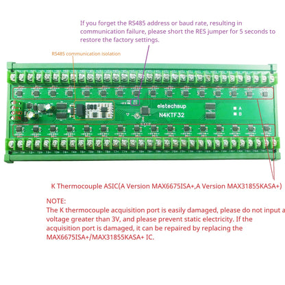 N4KTF32 32CH K Thermocouple -200-1350C Ultra-wide Temperature Collector RS485 Analog Remote IO Board Thermocouple-to-Digital Converter