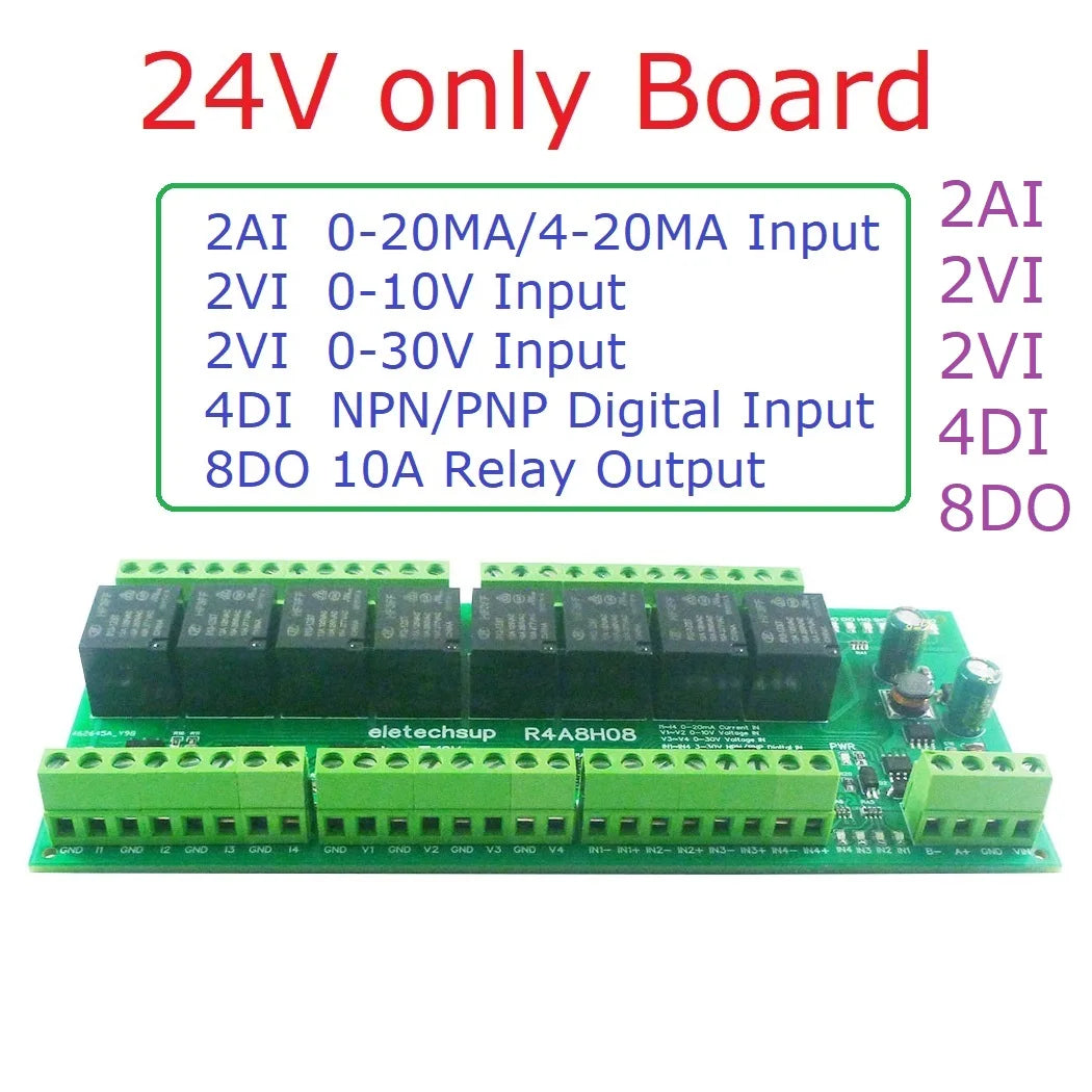 R4A8H08 8DO 4DI 8AI RS485 Modbus RTU Multifunction Relay Module PLC IO Expanding Board 4-20MA 0-10V Current Voltage Collector R4A8H08