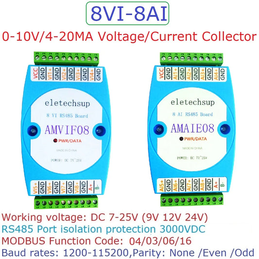 AMVIF08 AMAIE08 DC 12V-24V 8AI 8VI 4-20MA /0-10V to RS485 Current/Voltage ADC Collector Read Capture Module MODBUS RTU PLC Board