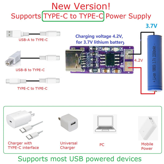 DDTC08ME Ultra-Small Type-C Li-ion Li-Po Lithium Battery Charging Module PD QC FCP USB 18650 TP4056 1A Charger