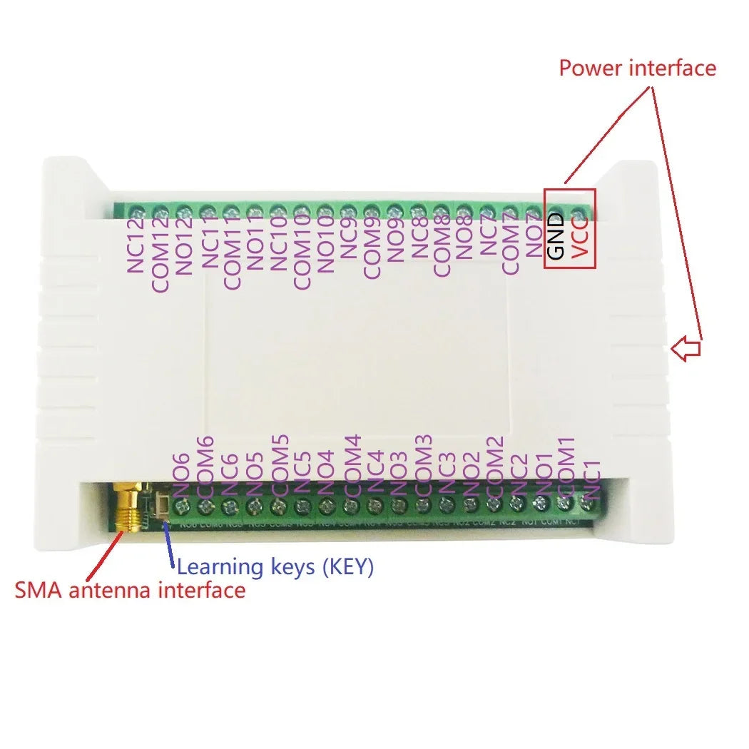 RF34C12 Wireless Rolling Code Relay Kit - 12ch 433M, Industrial Grade, for Garage Door, Smart Home - DC 12V 24V