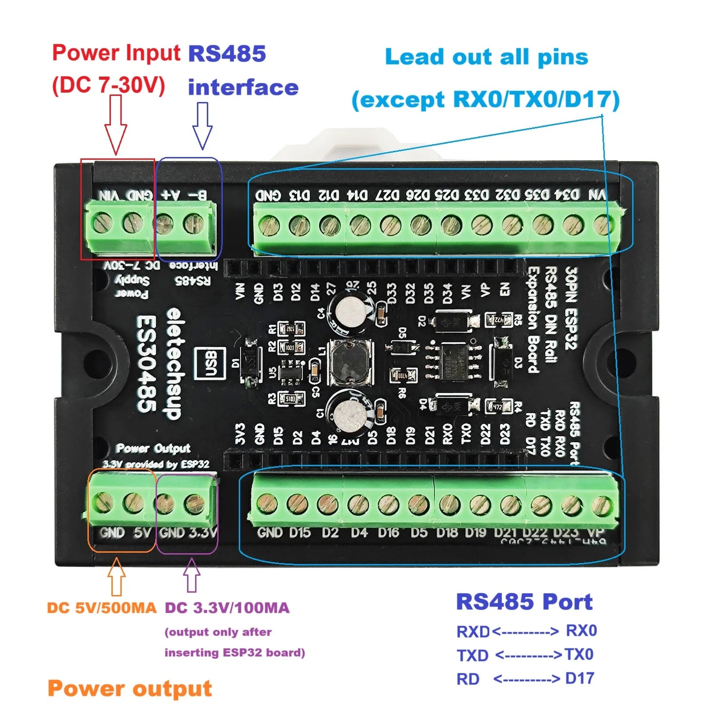 ES30485 Expansion Board DC 7-30V Power Input 5V 3.3V Output RS485 ESP32 Din Rail Mounting  for WIFI BT IOT MQTT HTTP Smart Home DIY