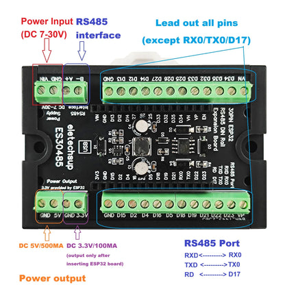 ES30485 Expansion Board DC 7-30V Power Input 5V 3.3V Output RS485 ESP32 Din Rail Mounting  for WIFI BT IOT MQTT HTTP Smart Home DIY