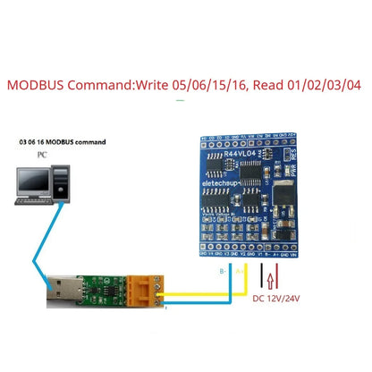 R44VL04 12CH 12V 24V RS485 Analog Digital IO Module 4AI-4DI-4DO PLC Remote I/O Board Modbus RTU 01/02/03/04/05/06/15/16 Function Code