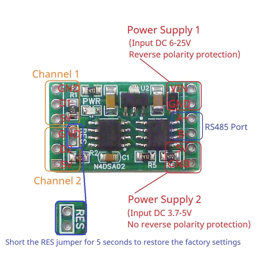 N4DSA02 2CH RS485 Digital Temperature Collector DS18B20 Sensor DC 5V 12V 24V Modbus Analog Input IO for Thermostat Smart Home R46CA01