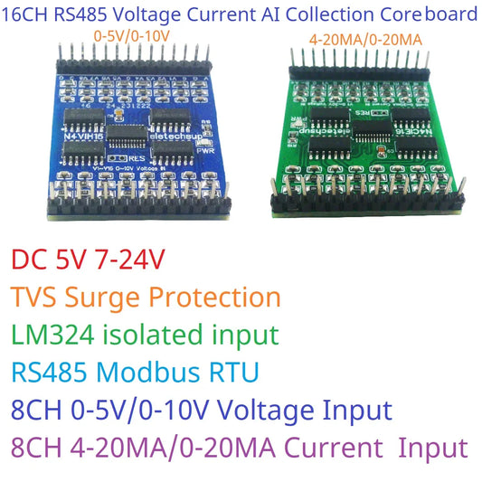 N4VIH16 16AI 0-5V 0-10V 4-20MA 0-20MA Current/Voltage Analog Acquisition RS485 Modbus RTU ADC Module DC 5V 12V 24V mini PinBoard