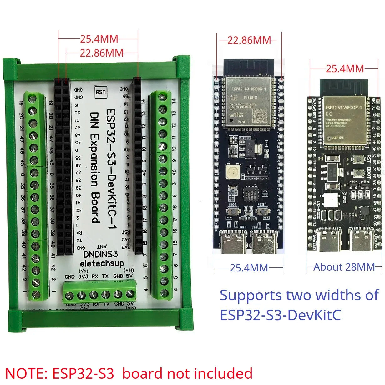 DNDINS3 ESP32-S3 Din Rail Mounting Expansion Board All PinOut 3.96 Screw Terminal Module USB OTG N16R8 N8R8 for Wi-Fi + Bluetooth LE