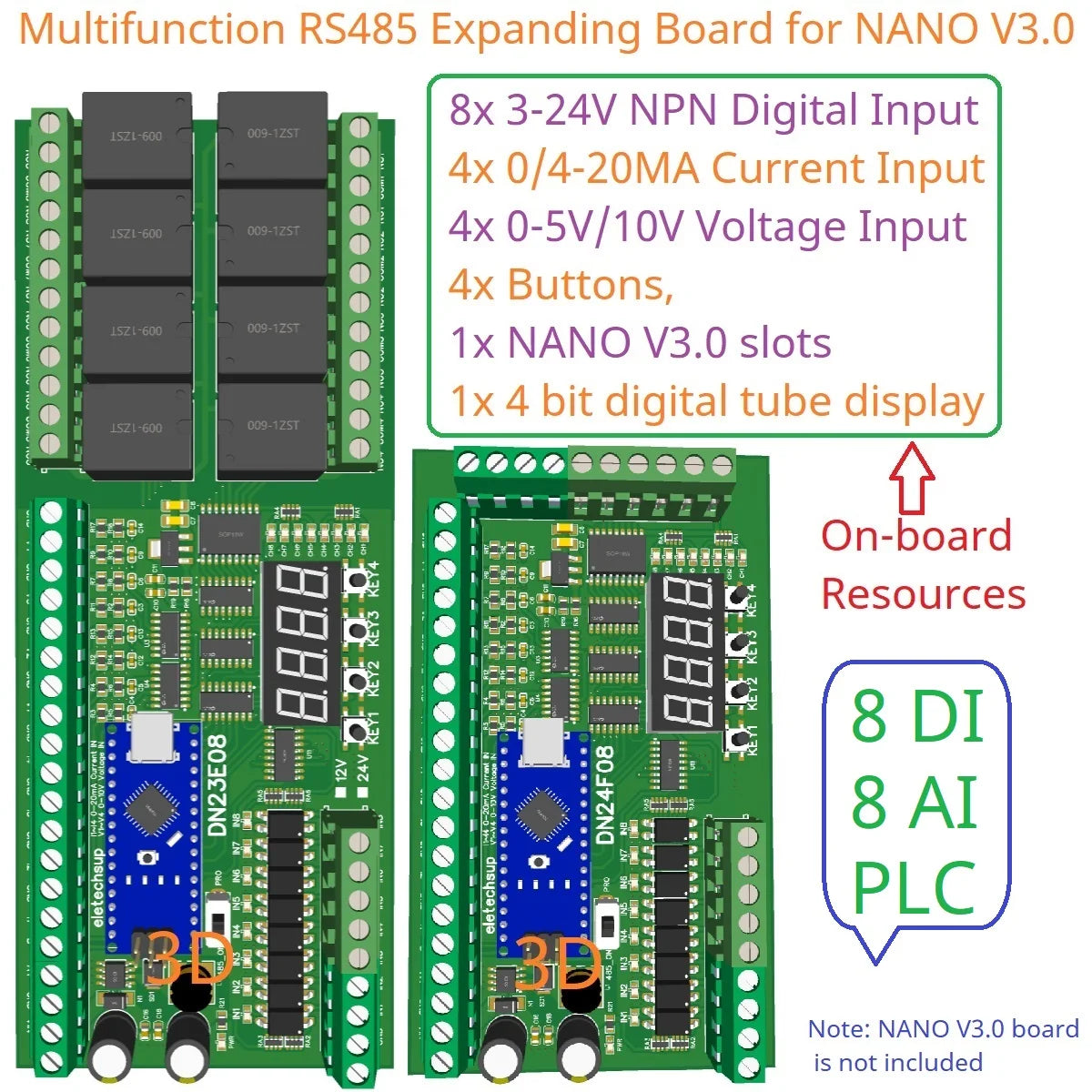 DN24F08 DN23E08 8AI-8DI-8DO Multifunction IO Expanding Module for ARDUINO NANO V3.0 RS485 Modbus RTU Open PLC LED Current Voltage Sensor