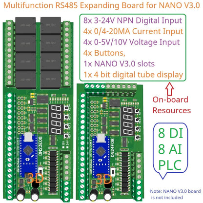 DN24F08 DN23E08 8AI-8DI-8DO Multifunction IO Expanding Module for ARDUINO NANO V3.0 RS485 Modbus RTU Open PLC LED Current Voltage Sensor