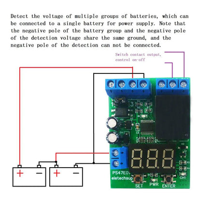 PS47E01 Switch Control Board for DC 12V 24V LED Digital Relay Module, Voltage Detection Charging Discharge Monitor Test