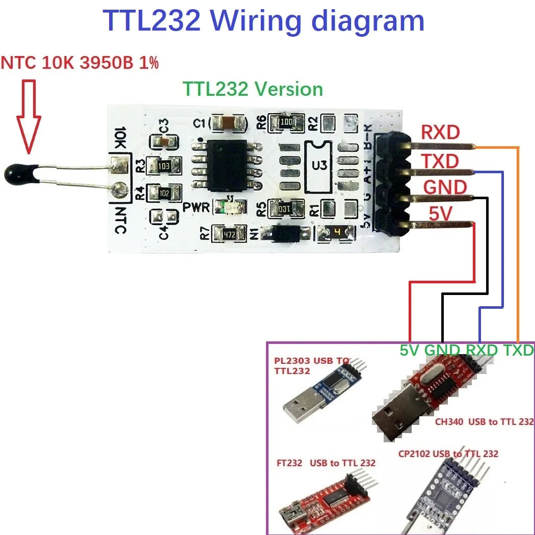 NT38D01 1k-100K Resistance to RS485 RS232(TTL) Converter 10K 3950 NTC Thermistor Temperature Acquisition Module