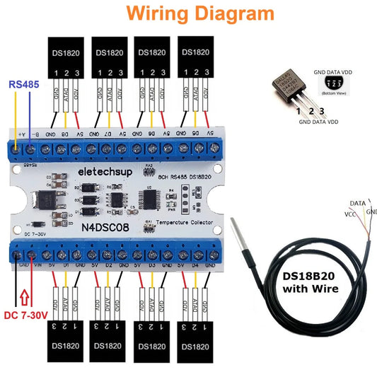 N4DSC08 8CH RS485 DS18B20 Sensor Temperature Collector Modbus Remote IO Module for PLC Paperless Recorder Thermostatic Controls
