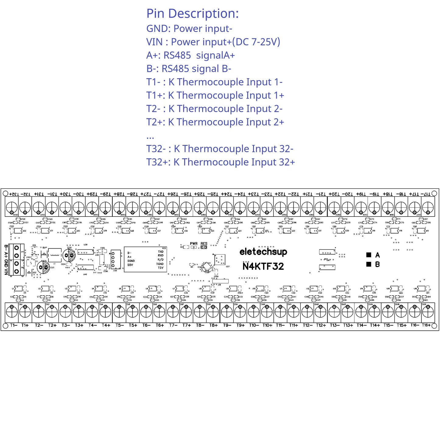 N4KTF32 32CH K Thermocouple -200-1350C Ultra-wide Temperature Collector RS485 Analog Remote IO Board Thermocouple-to-Digital Converter