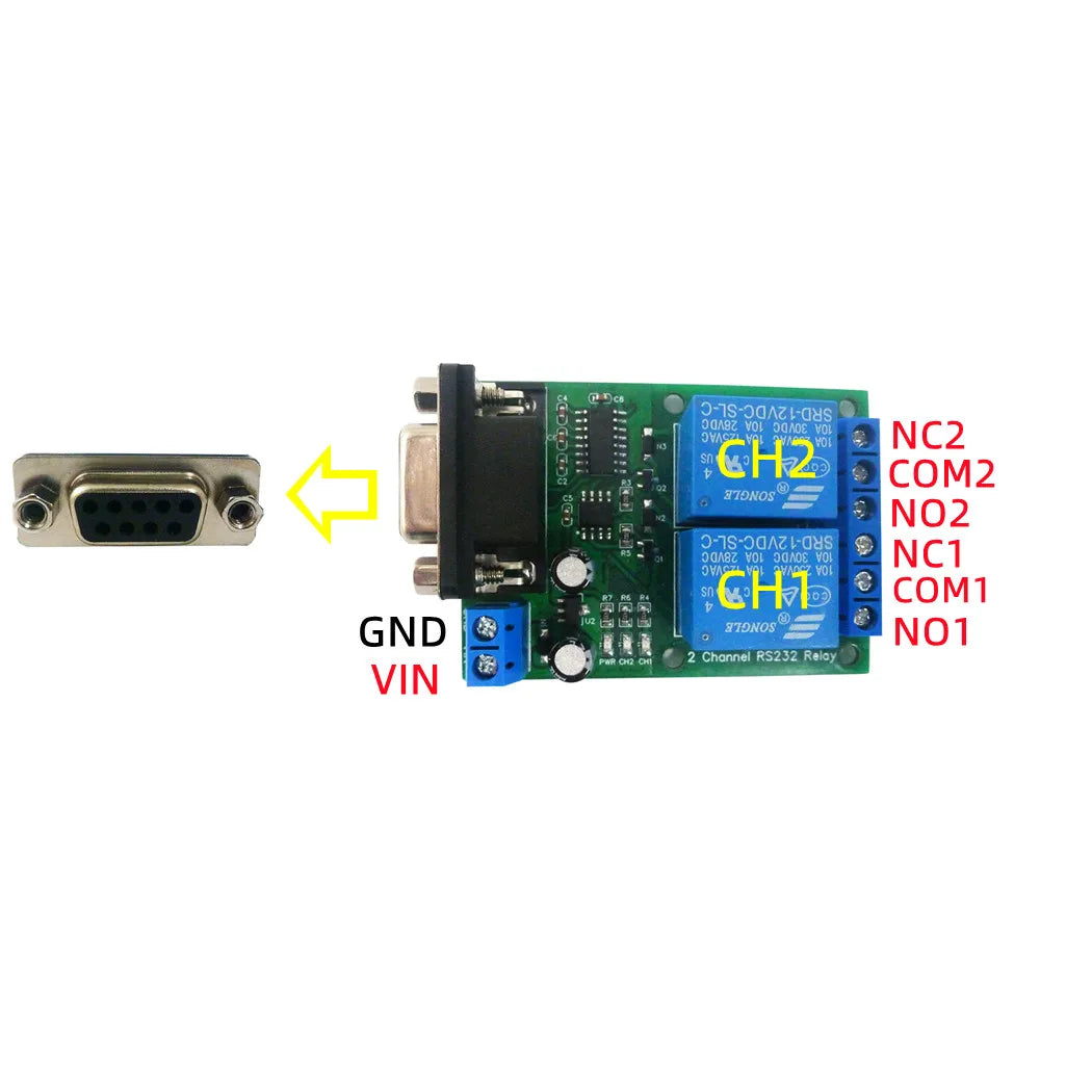 N228D02 DC 12V 24V 2CH DB9 UART Relay Module RS232 Serial Port Switch Board For PC PLC Motor LED PTZ