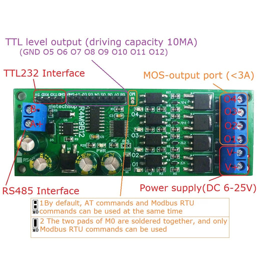 R4M9B12 DC 6-24V 4CH RS485 TTL232 Multifunction MOS Transistor Solid State Relay Module Modbus RTU AT Command for PLC Motor PTZ LED