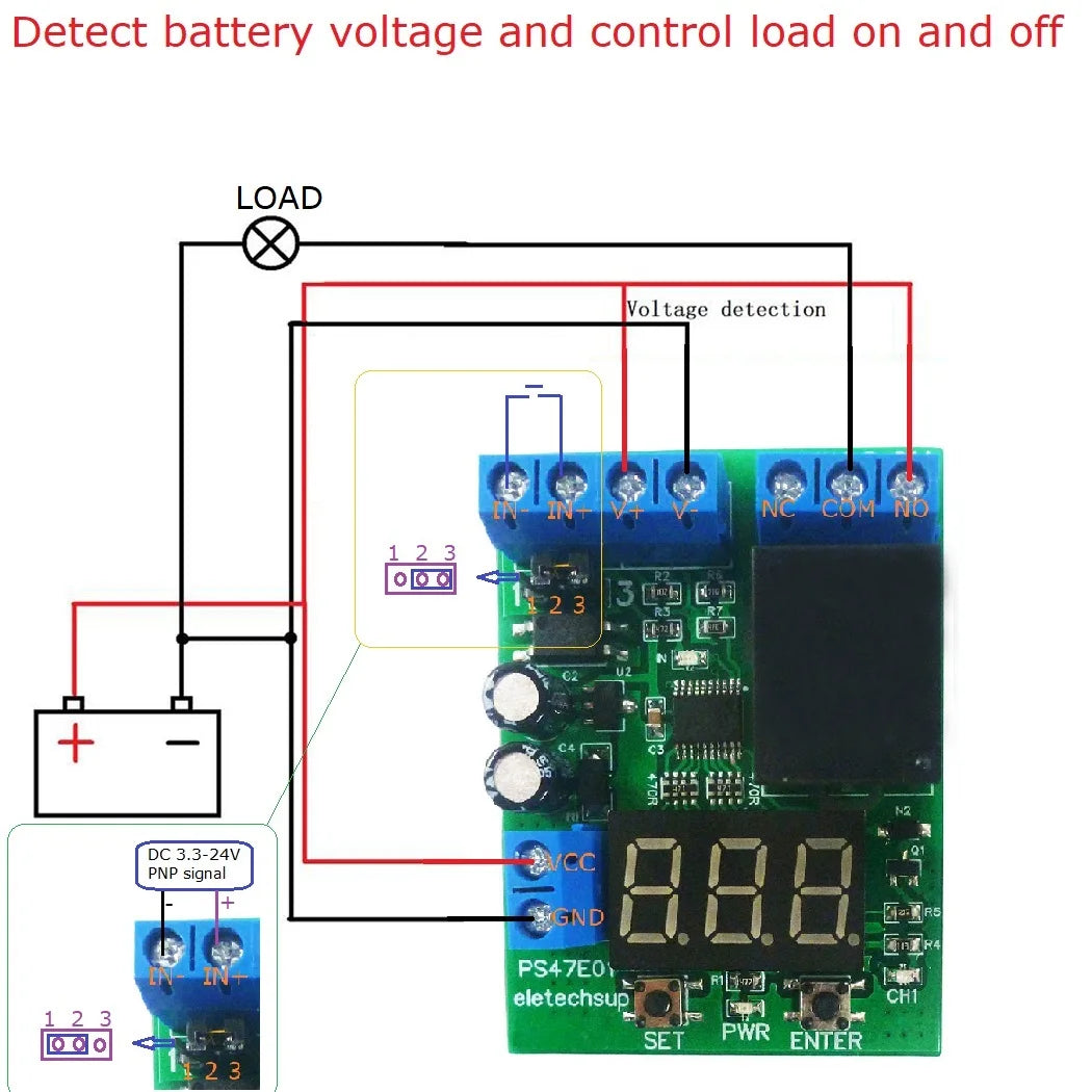 PS47E01 Switch Control Board for DC 12V 24V LED Digital Relay Module, Voltage Detection Charging Discharge Monitor Test