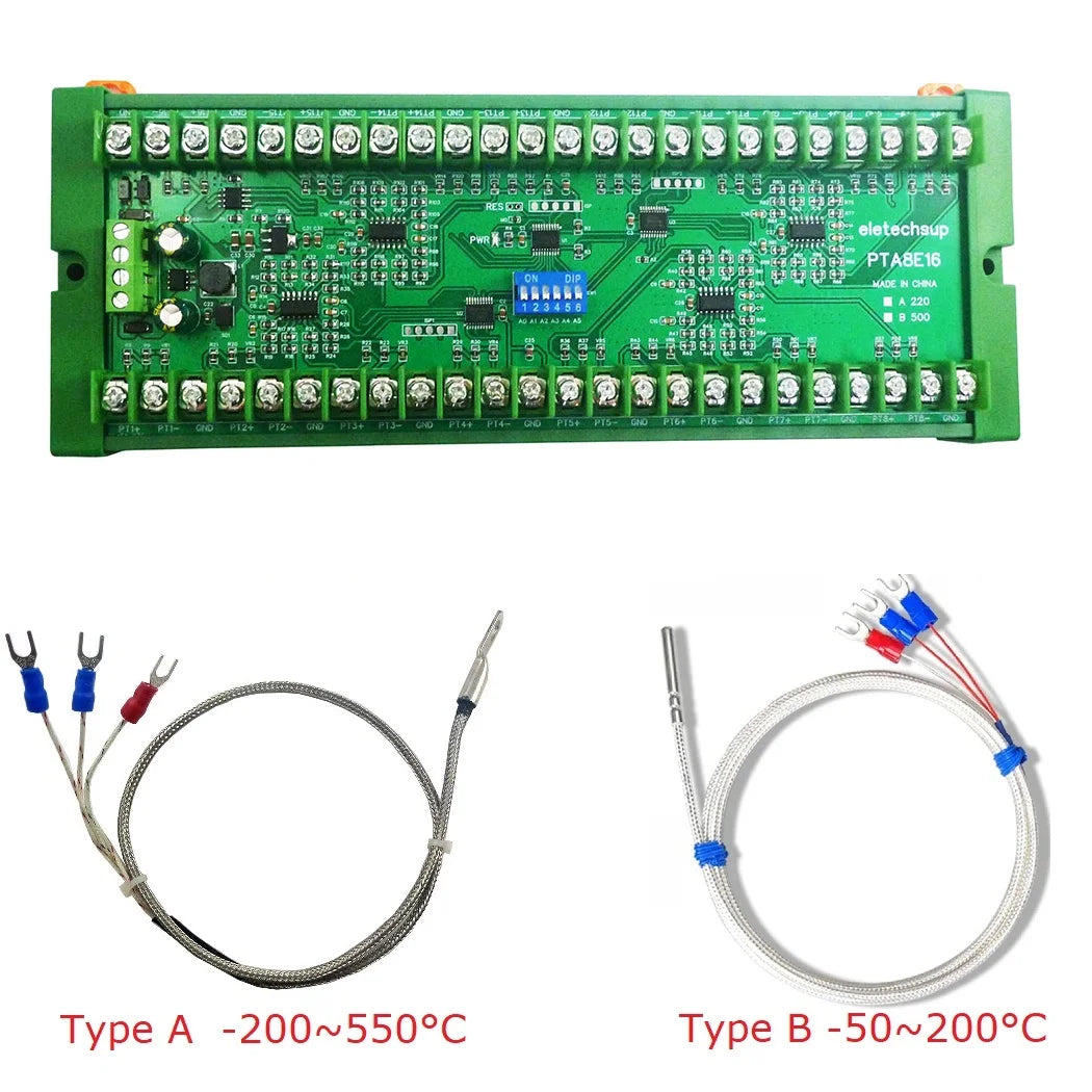 PTA8E16 16CH DC 12V 24V Temperature Analog PT100 Resistance RS485 Collector Modbus RTU -40-500 High Temperature Acquisition Board