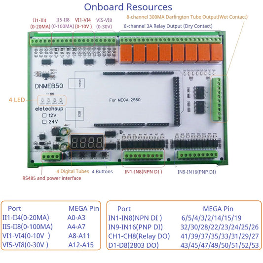 DNMEB50 16AI-16DI-16DO 4-20MA Current 0-5V/10V/30V Voltage Dry Wet Contact MOS RS485 Relay MEGA2560 R3 Expanding Board for Arduino PLC
