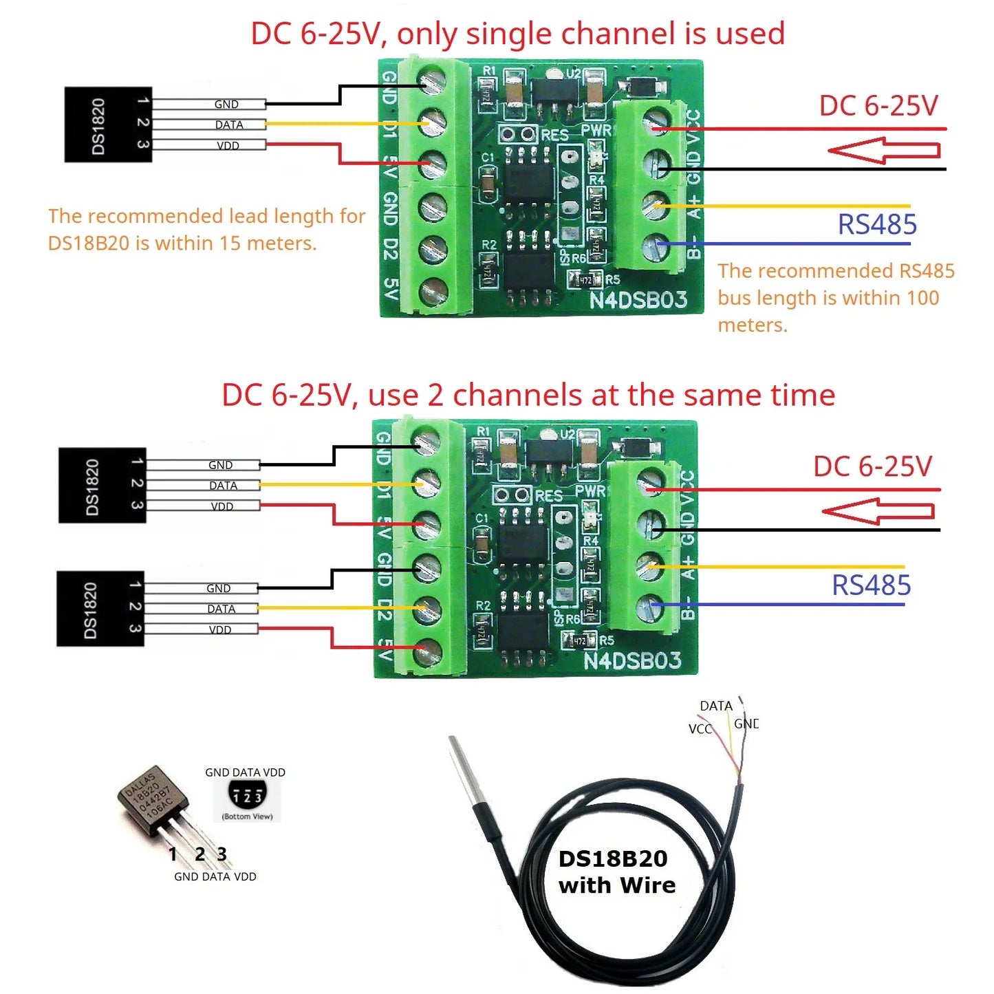 N4DSB03 1-2CH RS485 Digital Temperature Collector Module -55 to +125C DS18B20 Sensor DC 5V 12V 24V for Thermostat Smart Home R46CA01