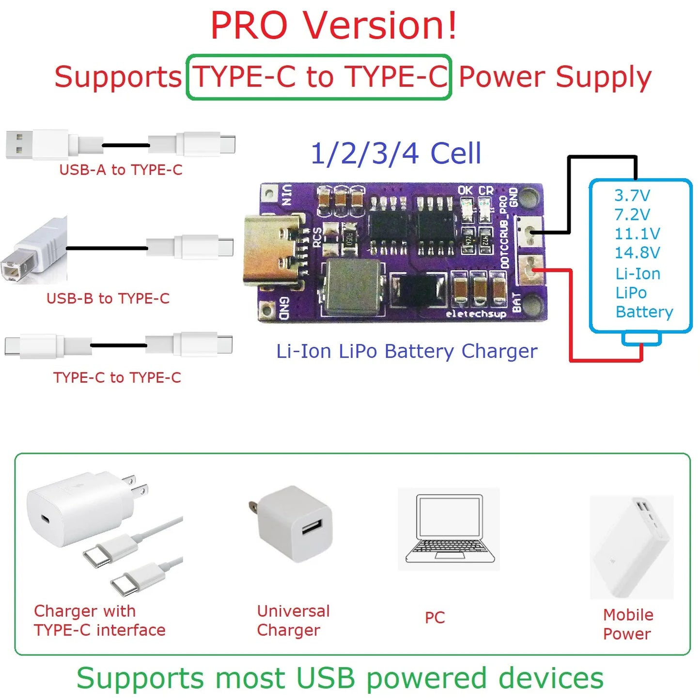 DDTCCRUB 1-4Cell Type-C to 4.2V 8.4V 12.6V 16.8V LiPo Li-Ion Battery Pack Portable Charger Diy Outdoor Emergency Power Supply Solar Panel