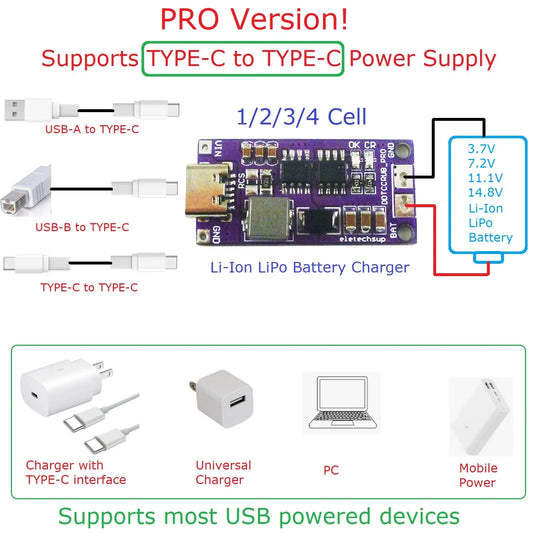 DDTCCRUB 1-4Cell Type-C to 4.2V 8.4V 12.6V 16.8V LiPo Li-Ion Battery Pack Portable Charger Diy Outdoor Emergency Power Supply Solar Panel