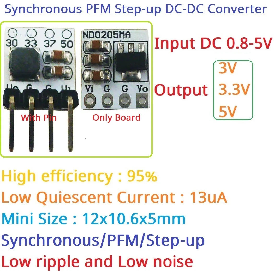 ND0205MA  Boost Module Mini High Efficiency Low Quiescent Synchronous PFM Step-up DC-DC Converter 1.2V 1.5V 2.5V 3.7V 4.2V To 3V 3.3V 5V