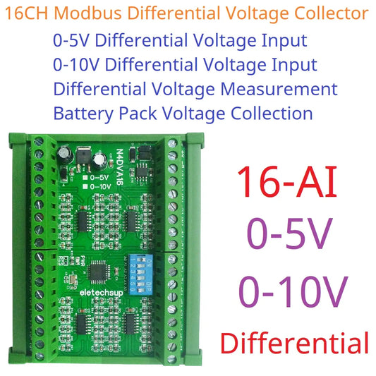 N4DVA16 Modbus 16CH Differential Voltage Collector 0-5V 0-10V RS485 Analog Input Module for LI-ON LI-PO NIMH Lifepo4 Battery Measurement
