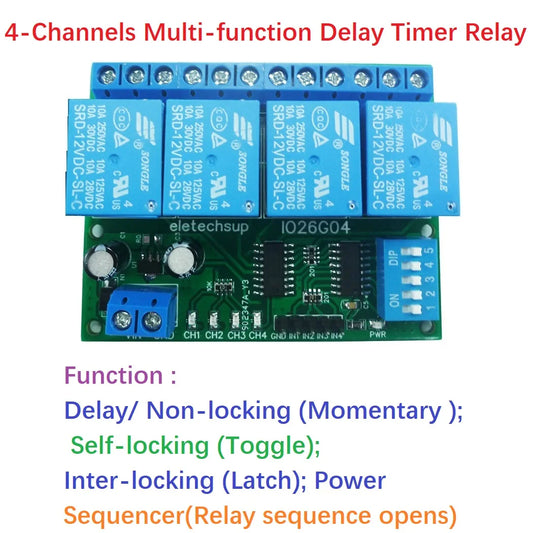 IO26G04 4ch Multifunction Delay Relay Module Flip-Flop Latch Bistable Self-locking Interlock Latch Power Conditioner Sequencer Board