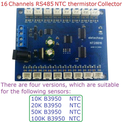 NT28B16 DC 12V 24V 16CH RS485 Temperature Collector Module Resistance measurement Multimeter 10K/20K/50K/100K B3950 NTC Sensor
