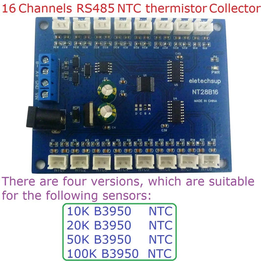 NT28B16 DC 12V 24V 16CH RS485 Temperature Collector Module Resistance measurement Multimeter 10K/20K/50K/100K B3950 NTC Sensor