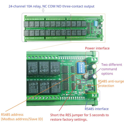 N4DOJ24 24CH RS485 ON/OFF Momentary Delay Latch 12V 24V Relay Module Uart Modbus PLC IO Board N4DOJ24 for Motor LED Smart Home Diy