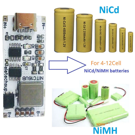 NITC16UB 2A/4A 4-12 Cell NIMH Charger Module TYPE-C DC 5V Boost BMS CC/CV NiCd for 4.8V 6V 7.2V 8.4V 9.6V 10.8V 12V 13.2V 14.4V Battery