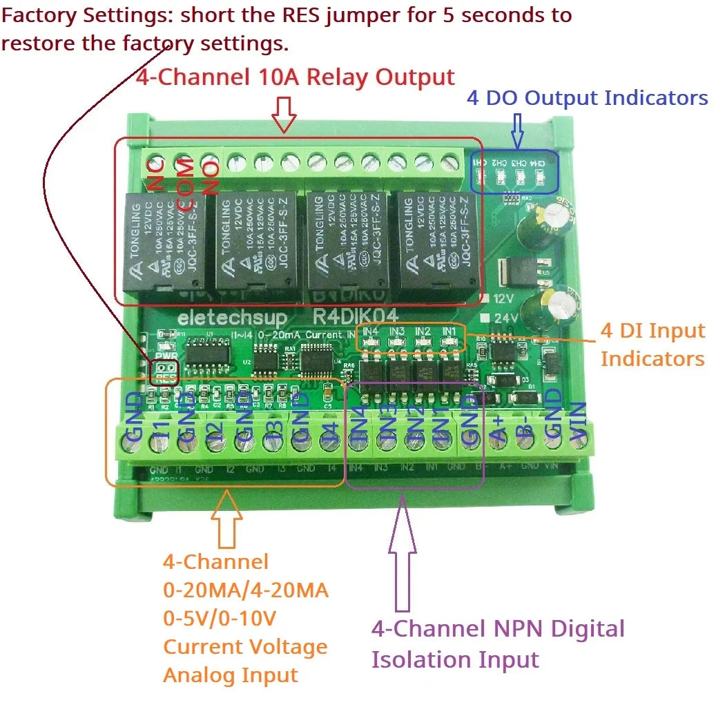 R4DIK04 R4DVI04 4AI 4DI 4DO ModBus Gateway Module Digital Analog Quantity Acquisition Switching Value Current Voltage 4-20MA 0-5V 0-10V