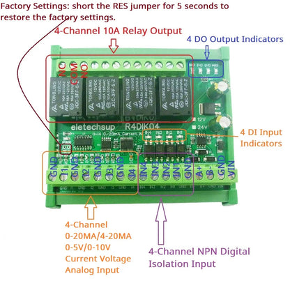 R4DIK04 R4DVI04 4AI 4DI 4DO ModBus Gateway Module Digital Analog Quantity Acquisition Switching Value Current Voltage 4-20MA 0-5V 0-10V