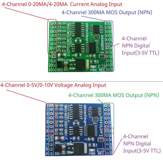 R44VL04 12CH 12V 24V RS485 Analog Digital IO Module 4AI-4DI-4DO PLC Remote I/O Board Modbus RTU 01/02/03/04/05/06/15/16 Function Code