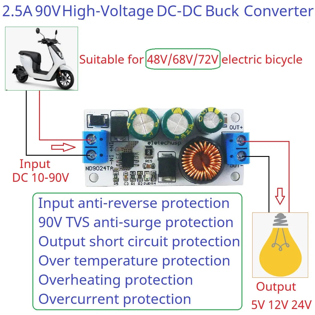 ND9024TA 2.5A DC 10-90V to 5V 12V 24V DC-DC Converter High-Voltage Buck Regulator Module for Lion Lipo LiFePO4 Lead-acid Solar battery