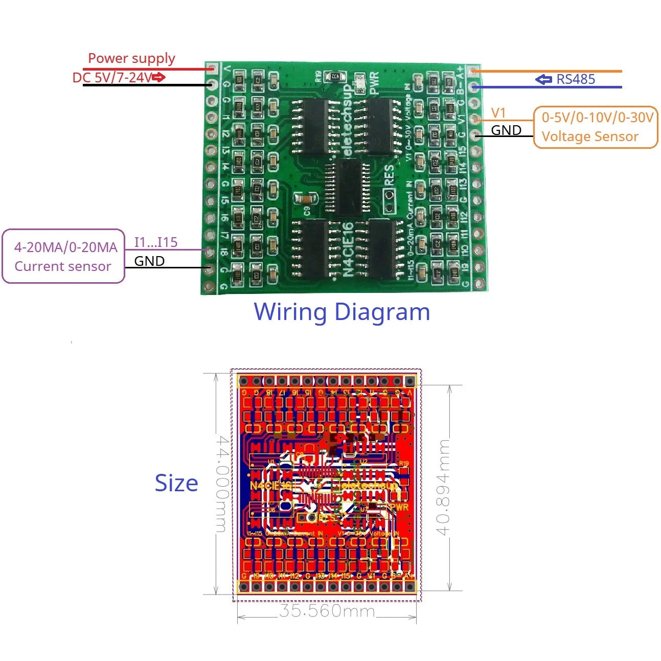 N4VIH16 16AI 0-5V 0-10V 4-20MA 0-20MA Current/Voltage Analog Acquisition RS485 Modbus RTU ADC Module DC 5V 12V 24V mini PinBoard