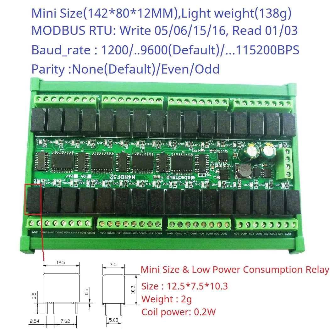 N4ROF32 Mini DC 12V 24V 32CH Multifunction Modbus Rtu RS485 Relay Board 2A 0.2W Low Power Consumption Micro Voice Relay Module N4ROF32