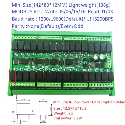 N4ROF32 Mini DC 12V 24V 32CH Multifunction Modbus Rtu RS485 Relay Board 2A 0.2W Low Power Consumption Micro Voice Relay Module N4ROF32