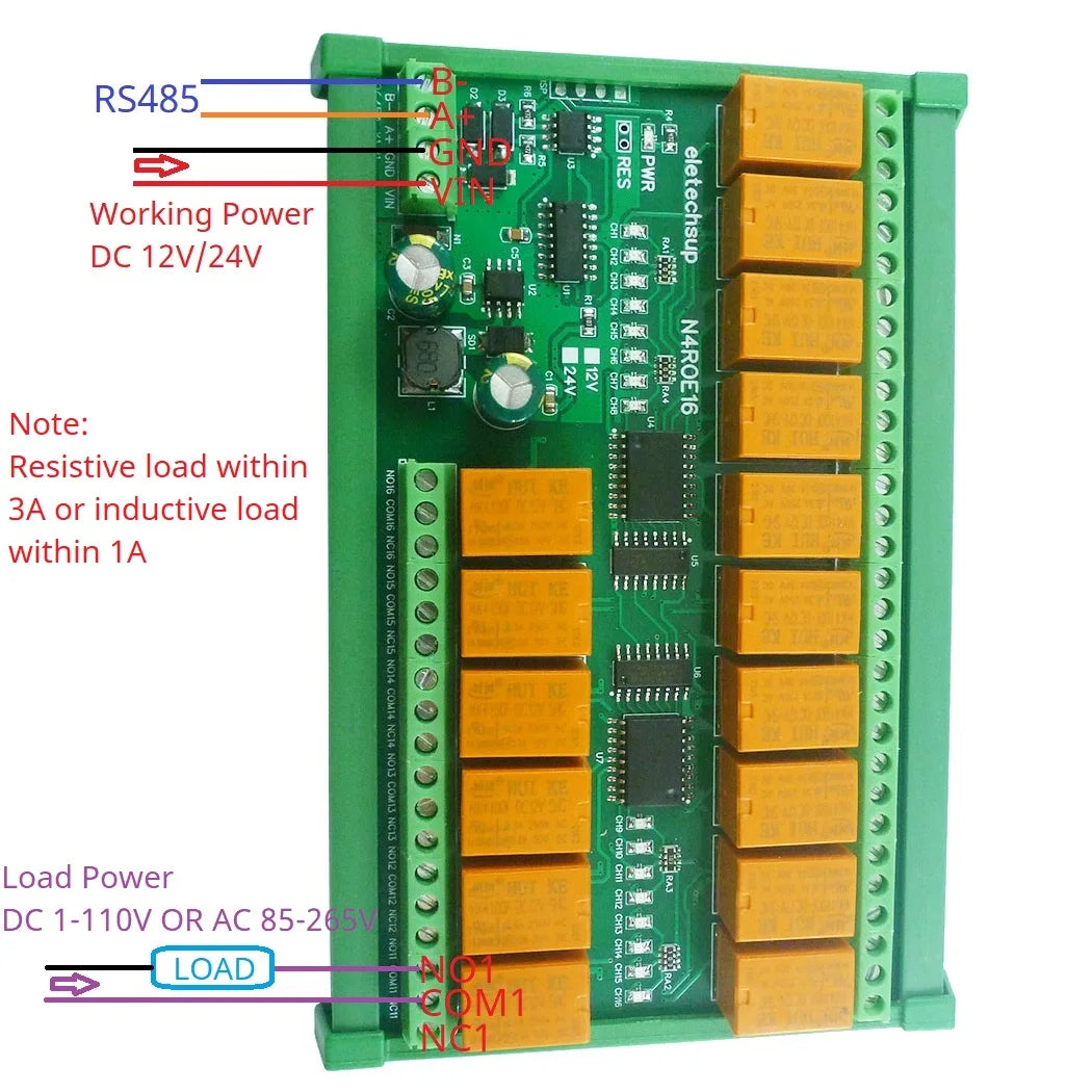 N4ROE16 16CH RS485 Multifunction Relay Module with 3A Switch Digital Output, DC 12V 24V - Integrated Circuit