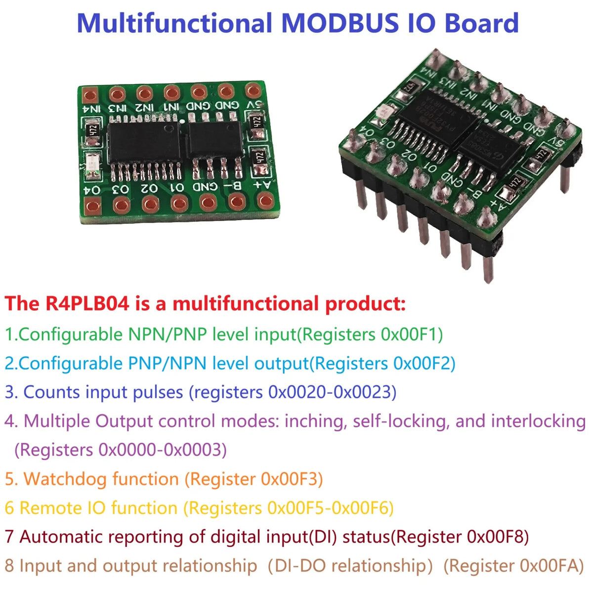 R4PLB04 4DI-4DO Modbus Rtu Multifunctional RS485 IO Module NPN PNP Pulse Counter Watchdog Remote IO Board for Arduino PLC HMI