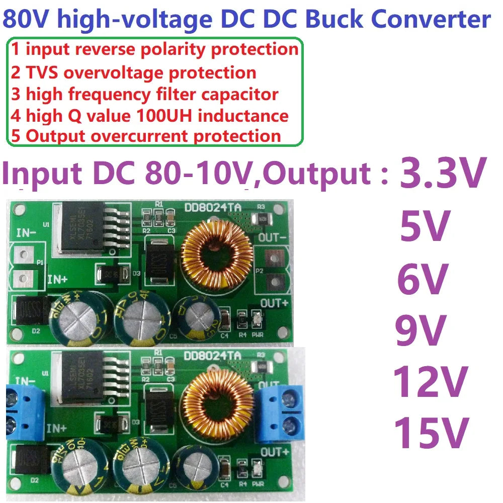 DD8024TA High-Voltage EBike DC-DC Converter Buck Step-Down Regulator Module 80V 72V 64V 60V 48V 36V 24V to 15V 12V 9V 6V 5V 3.3V