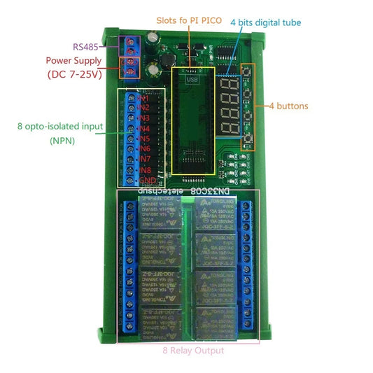 DN33C08 PICO2020 DC 12V 24V 8ch Multifunction Delay Timer RS485 Modbus Relay Module for Simple Open PLC Python C++